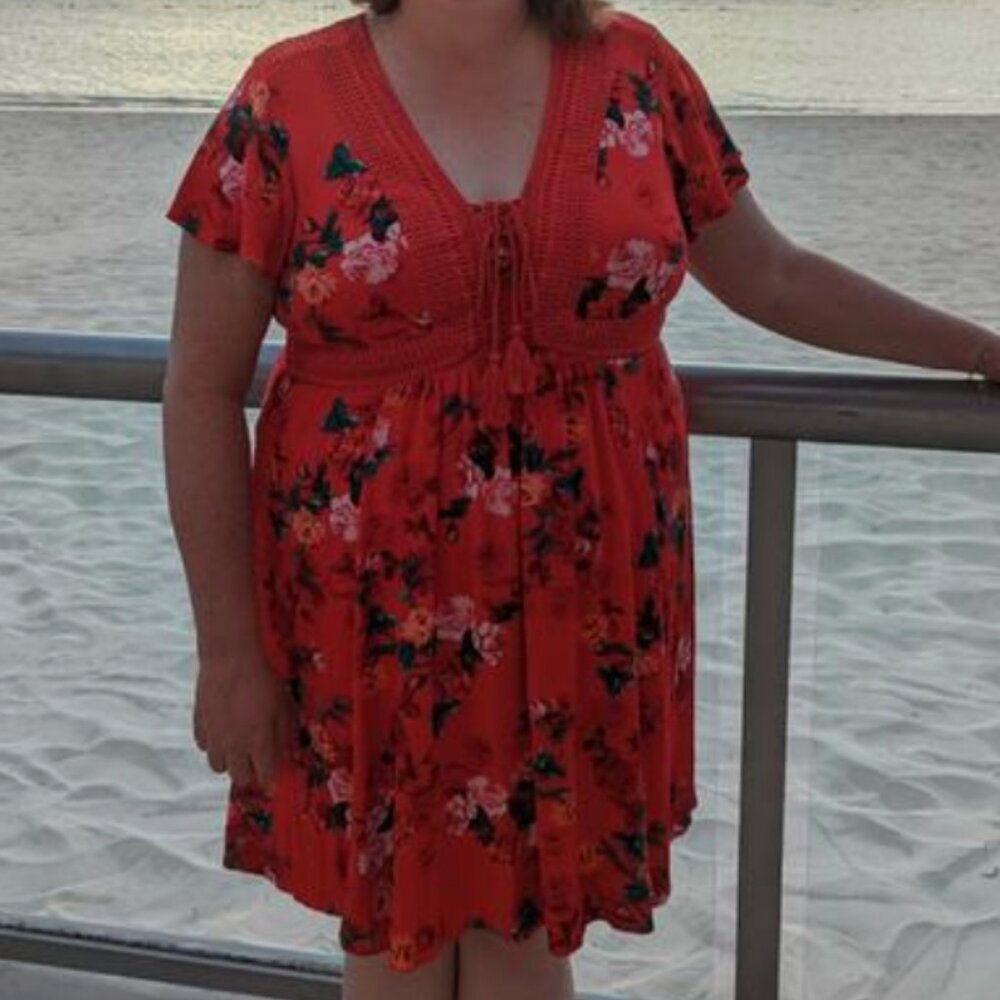 Torrid Dress Short Sleeve Mini Gauze Lace Up Skater Floral Red Plus Size 2X - Picture 10 of 11